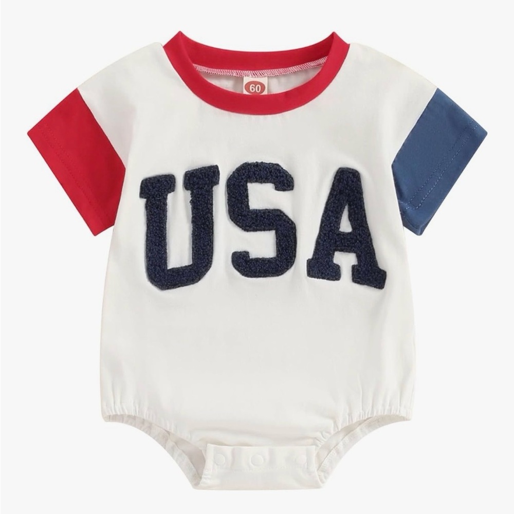 NEW 4th of July Baby Cotton Embroidered Romper USA 3-6M
